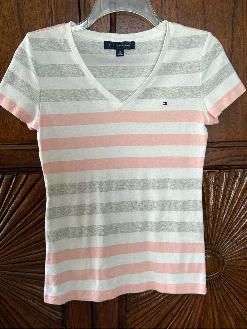 Tommy Hilfiger Pink Grey White Striped V-Neck Favorite Tee - Size S